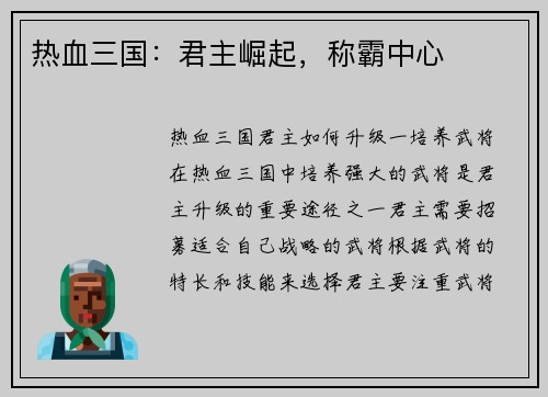 热血三国：君主崛起，称霸中心